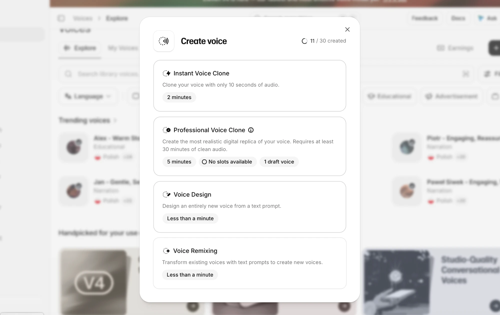 Creating a voice clone in ElevenLabs: Instant Voice Clone and Professional Voice Clone options