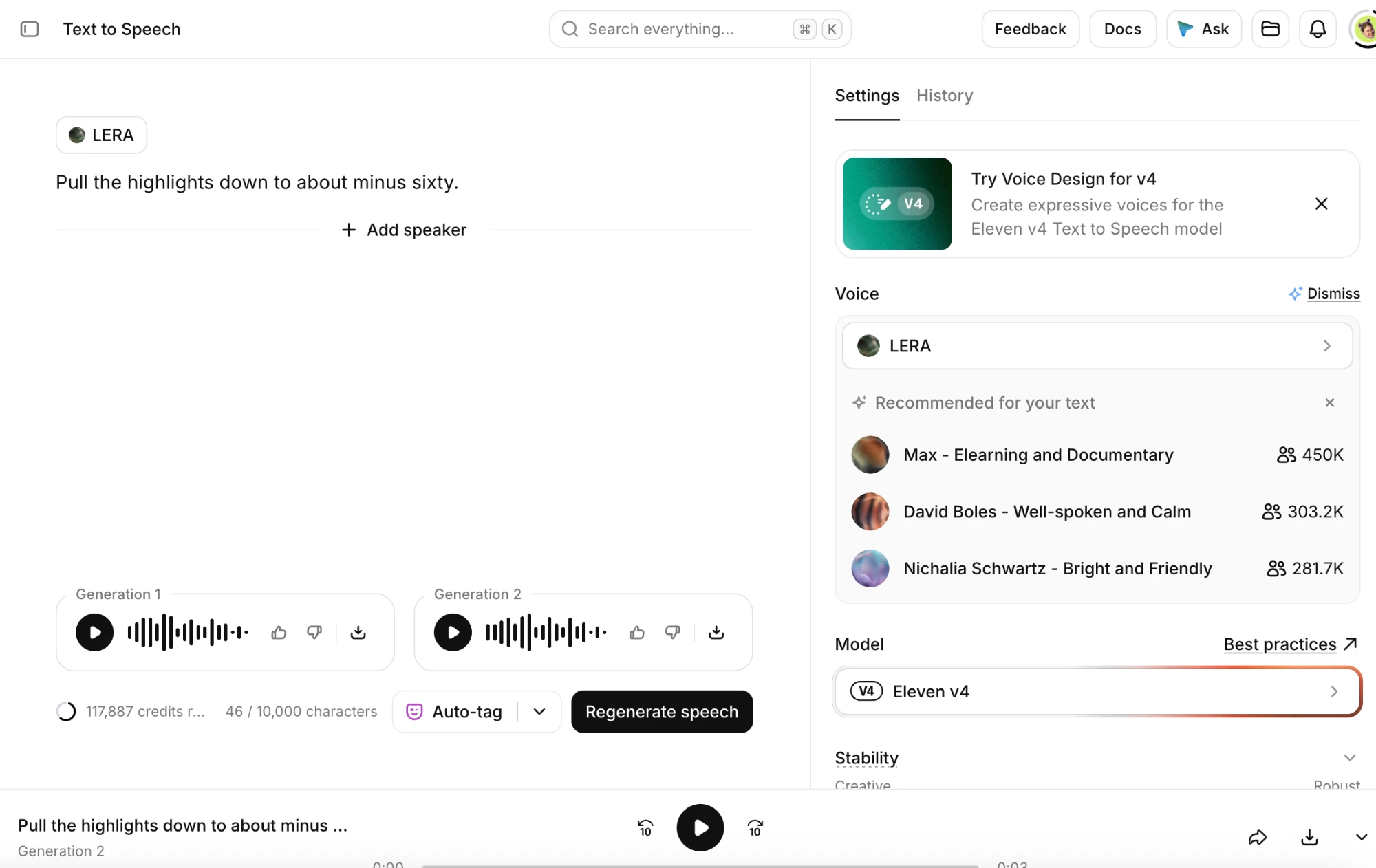 Generating a test line with an AI voice clone in ElevenLabs Text to Speech