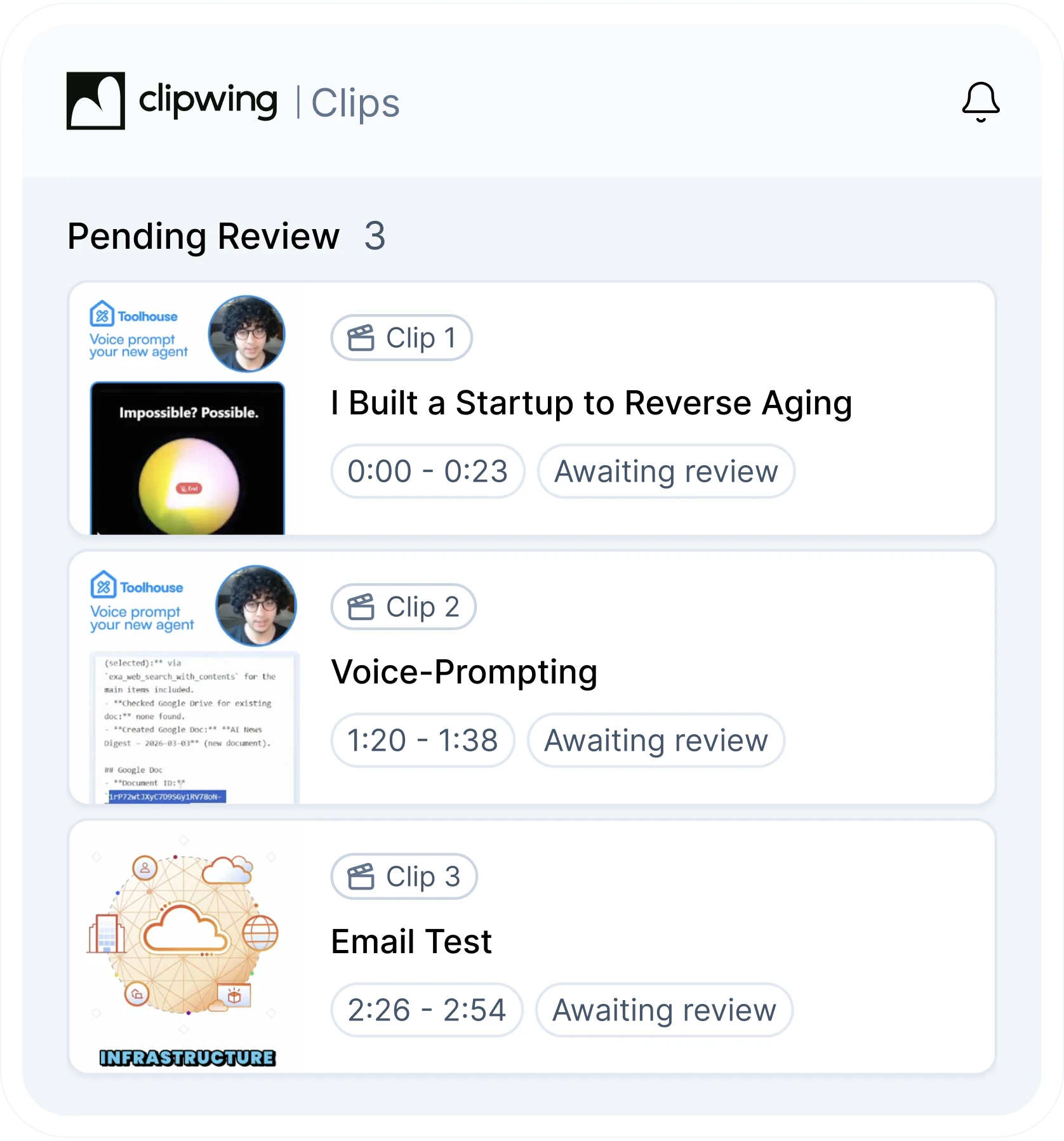 The Clips board in Clipwing with three clips awaiting review