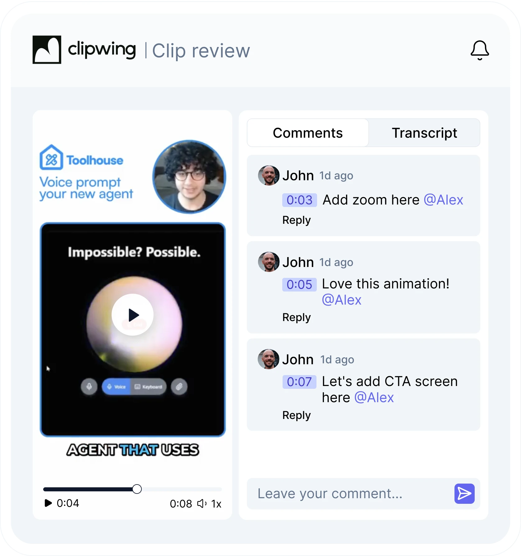 Clip review in Clipwing with comments pinned to timecodes