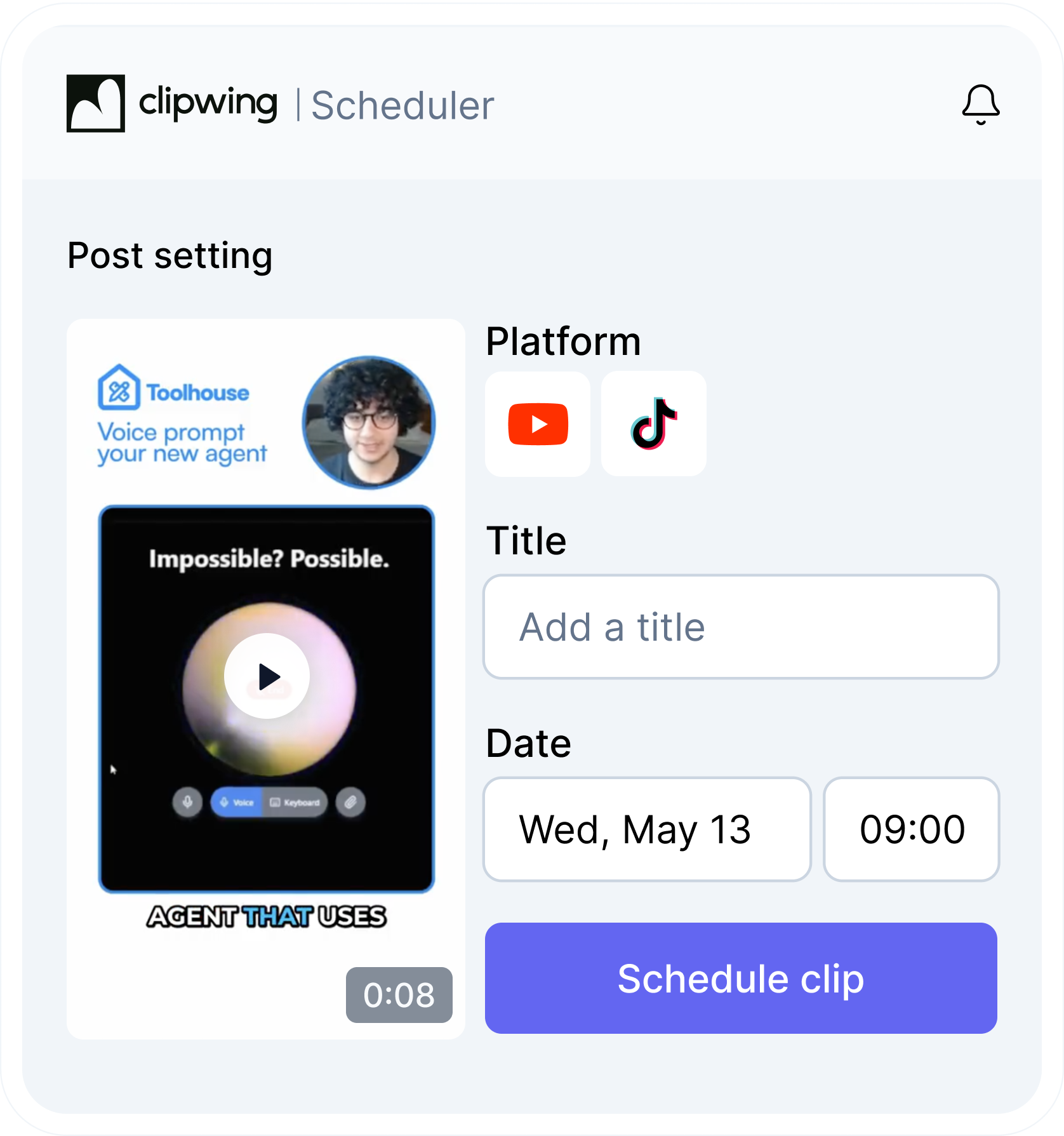 The Clipwing scheduler with YouTube and TikTok, a title, a date and a Schedule clip button